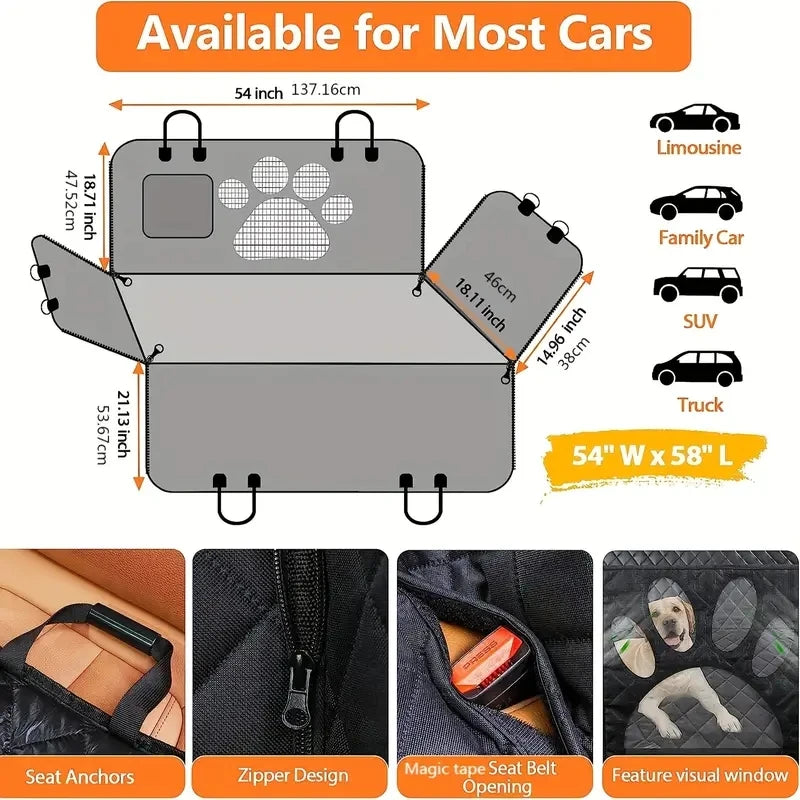 Waterproof Car Seat Cover for Dogs – Rear Seat Hammock with Mesh Window