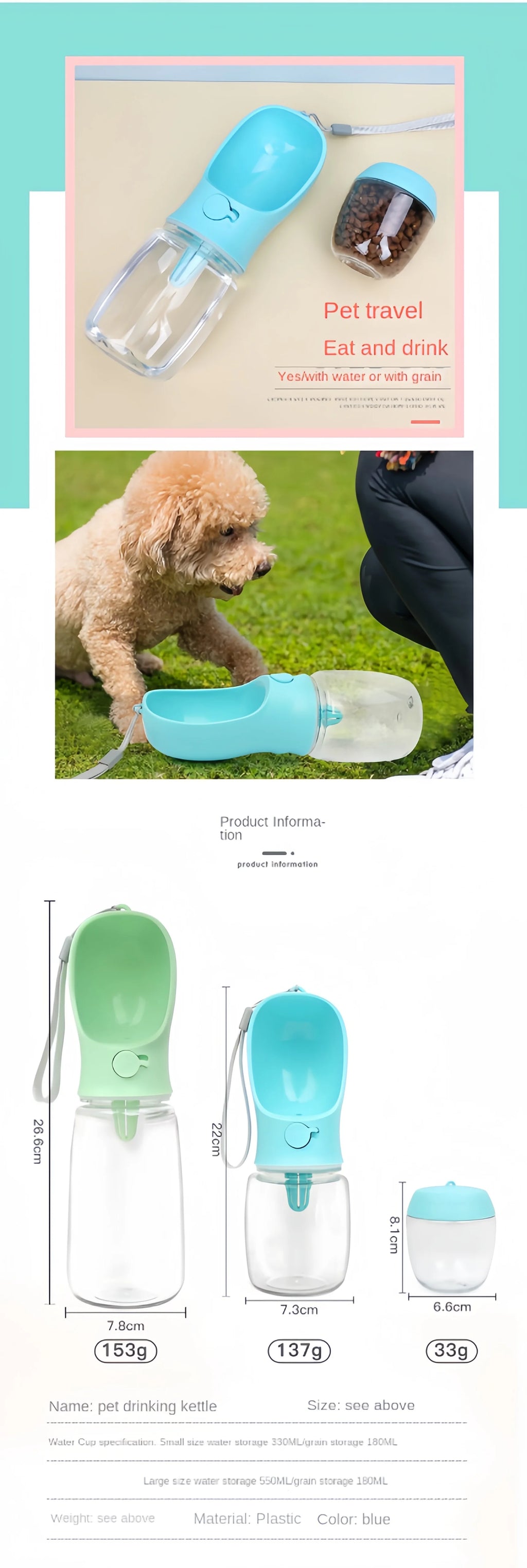 Portable Pet Water Bottle – Travel Water & Food Dispenser for Dogs & Cats