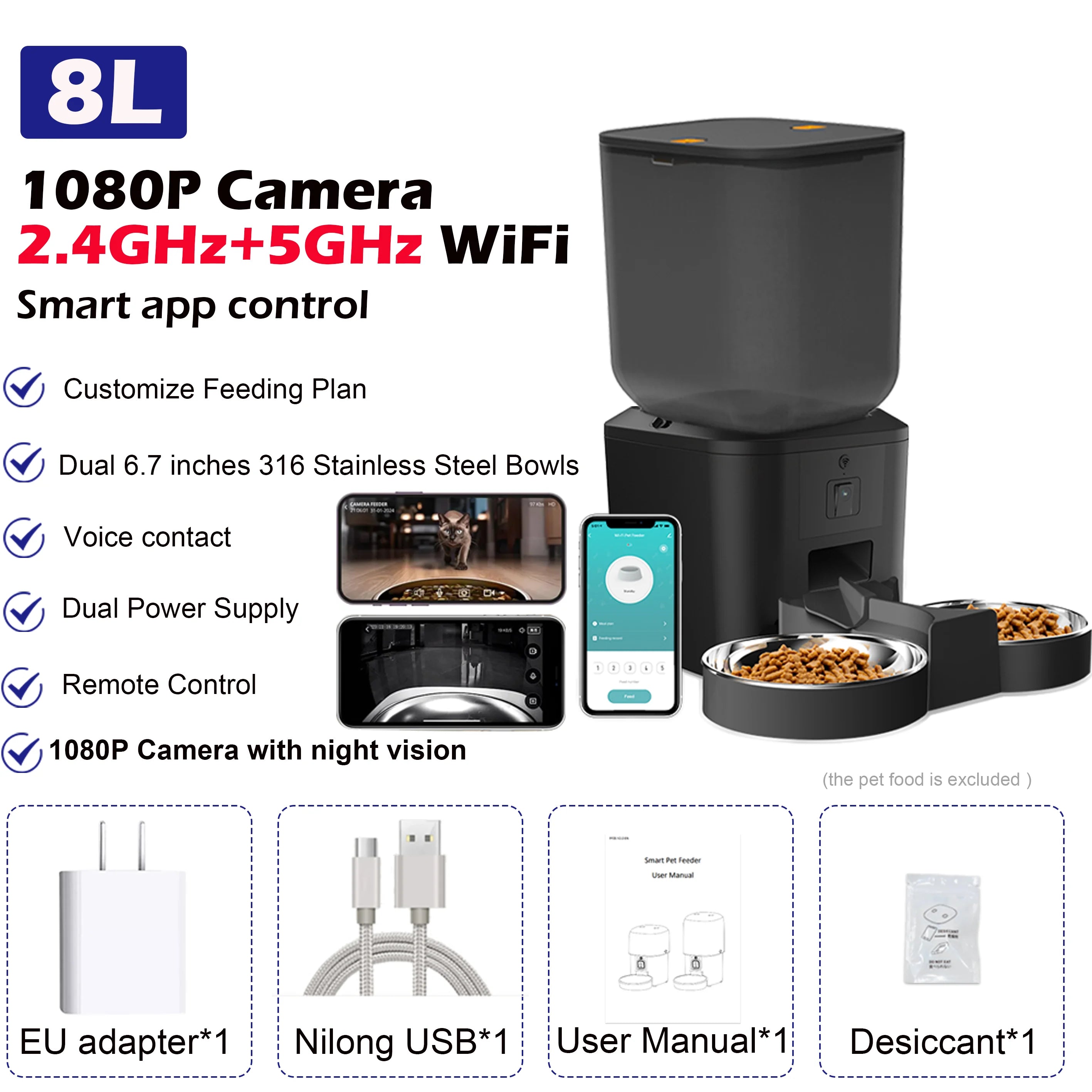 WizePet 8L Smart Automatic Pet Feeder with HD Camera & Wi-Fi App Control
