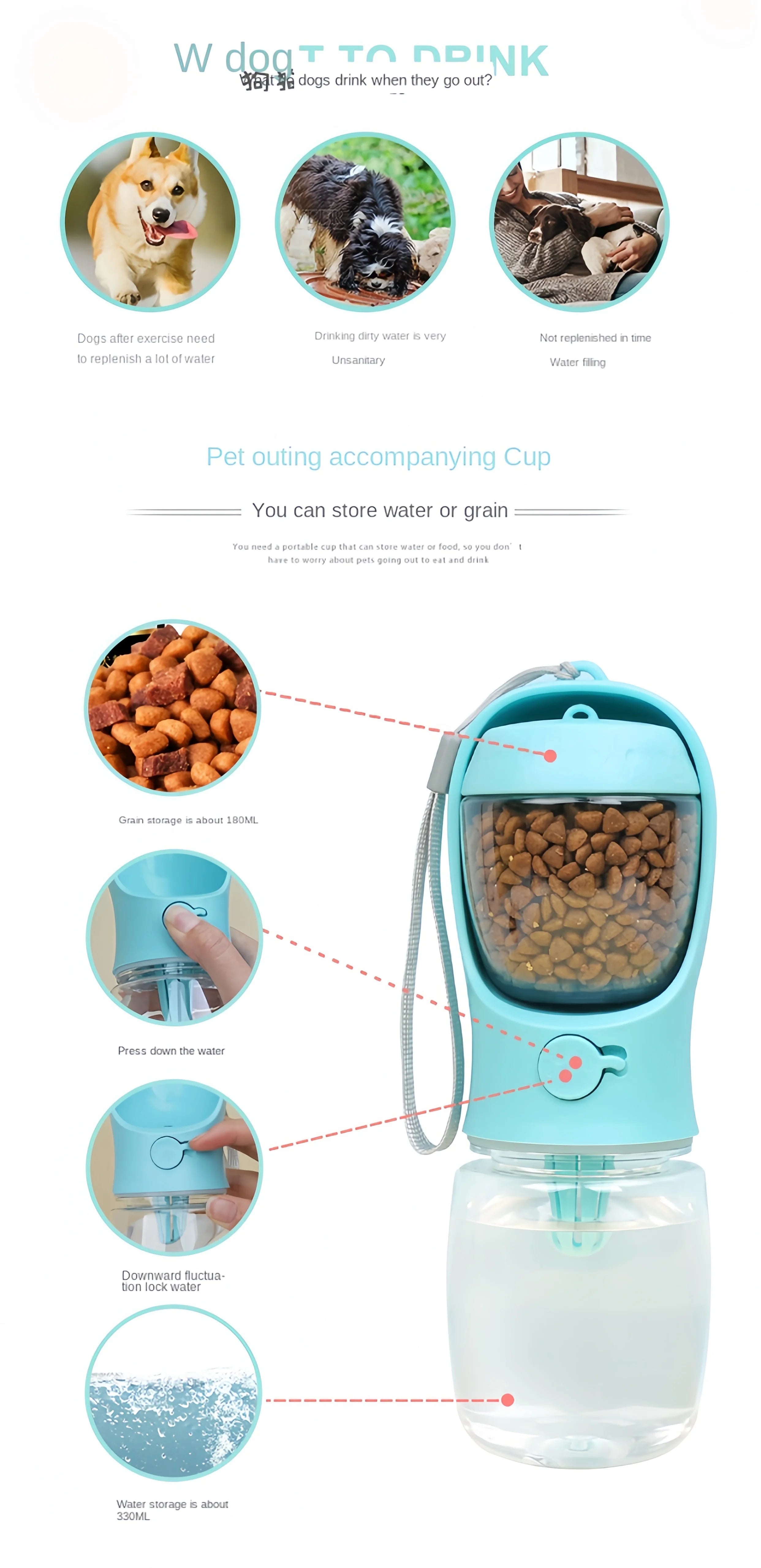 Portable Pet Water Bottle – Travel Water & Food Dispenser for Dogs & Cats